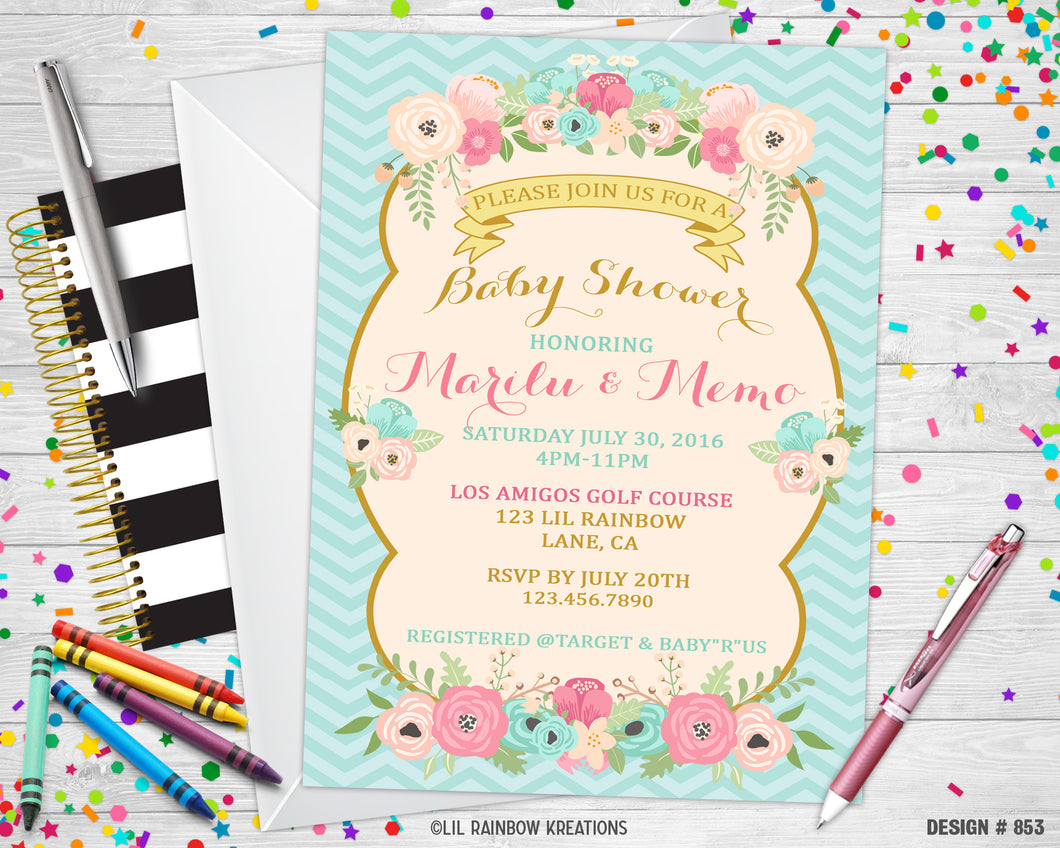 853 | Floral Baby Shower Invitation & Thank You Card