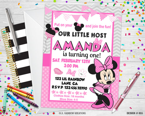 855 | Minnie Mouse Party Invitation & Thank You Card