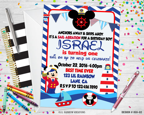 859-2 | Nautical Mickey Mouse Party Invitation & Thank You Card