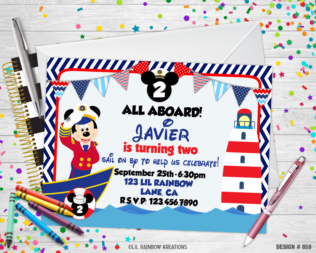 859 | Nautical Mickey Mouse Party Invitation & Thank You Card
