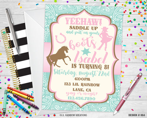 864 | Cowgirl Party Invitation & Thank You Card
