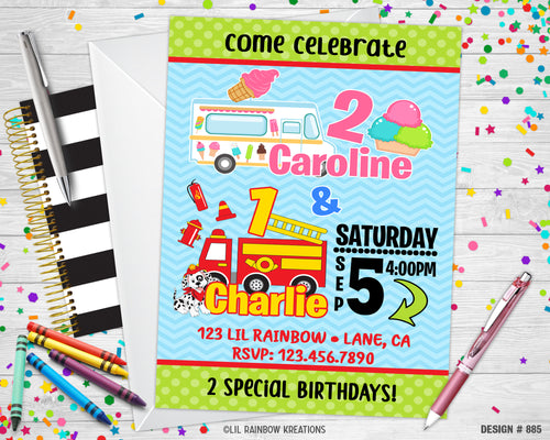 885 | Ice Scream & Fire Truck Party Invitation & Thank You Card