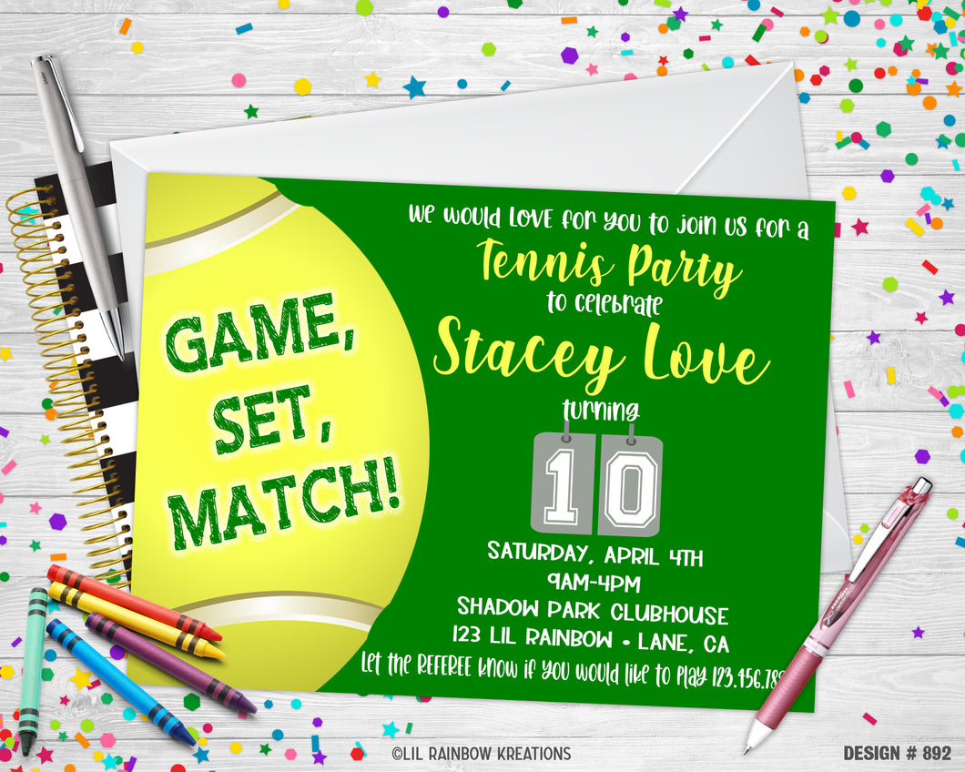 892 | Tennis Party Invitation & Thank You Card