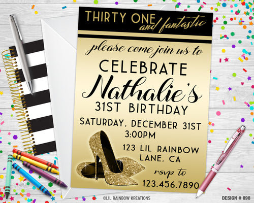 898 | Glitter Heels Party Invitation & Thank You Card