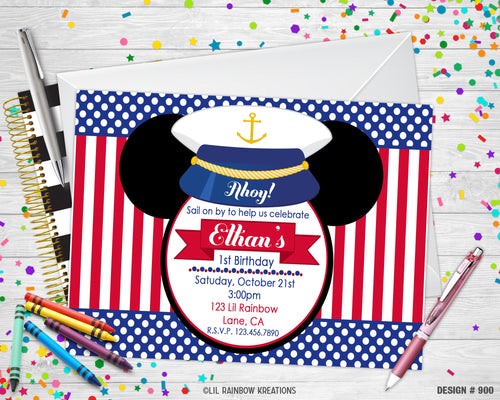 900 | Nautical Mickey Mouse Party Invitation & Thank You Card