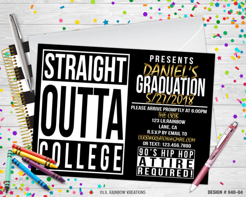 940-4 | Straight Outta College Party Invitation & Thank You Card