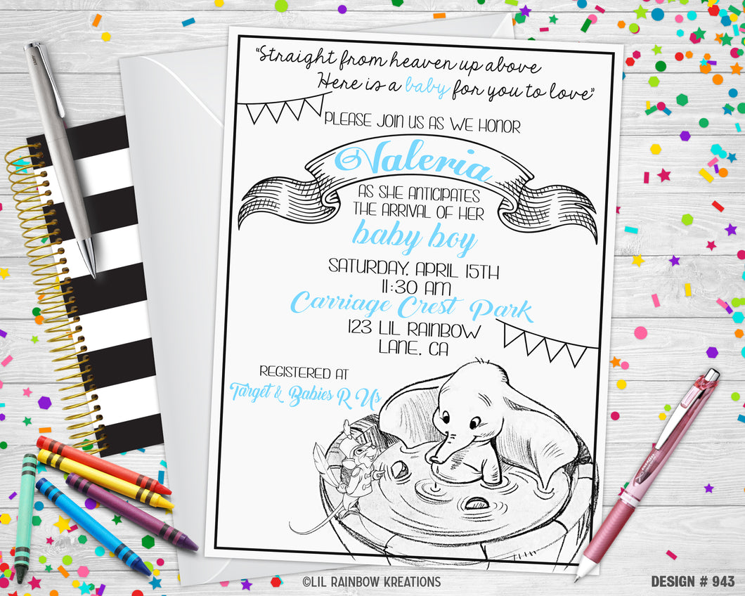 943 | Vintage Dumbo Baby Shower Invitation & Thank You Card