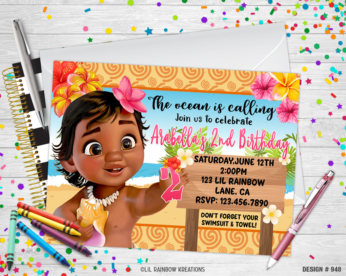 948 | Baby Moana Party Invitation & Thank You Card – Little Rainbow ...