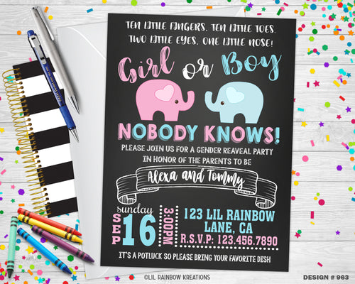 963 | Baby Elephants Gender Reveal Invitation & Thank You Card
