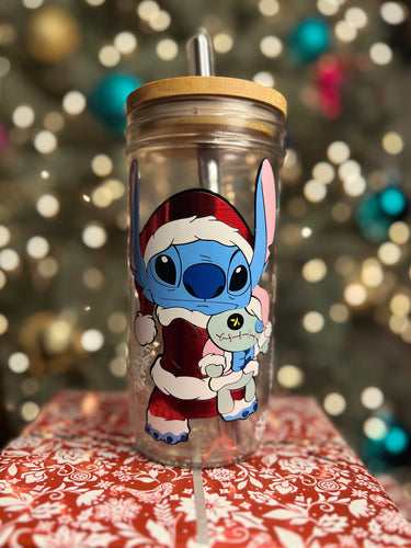 24oz Glass Cup | Cute Santa Stitch