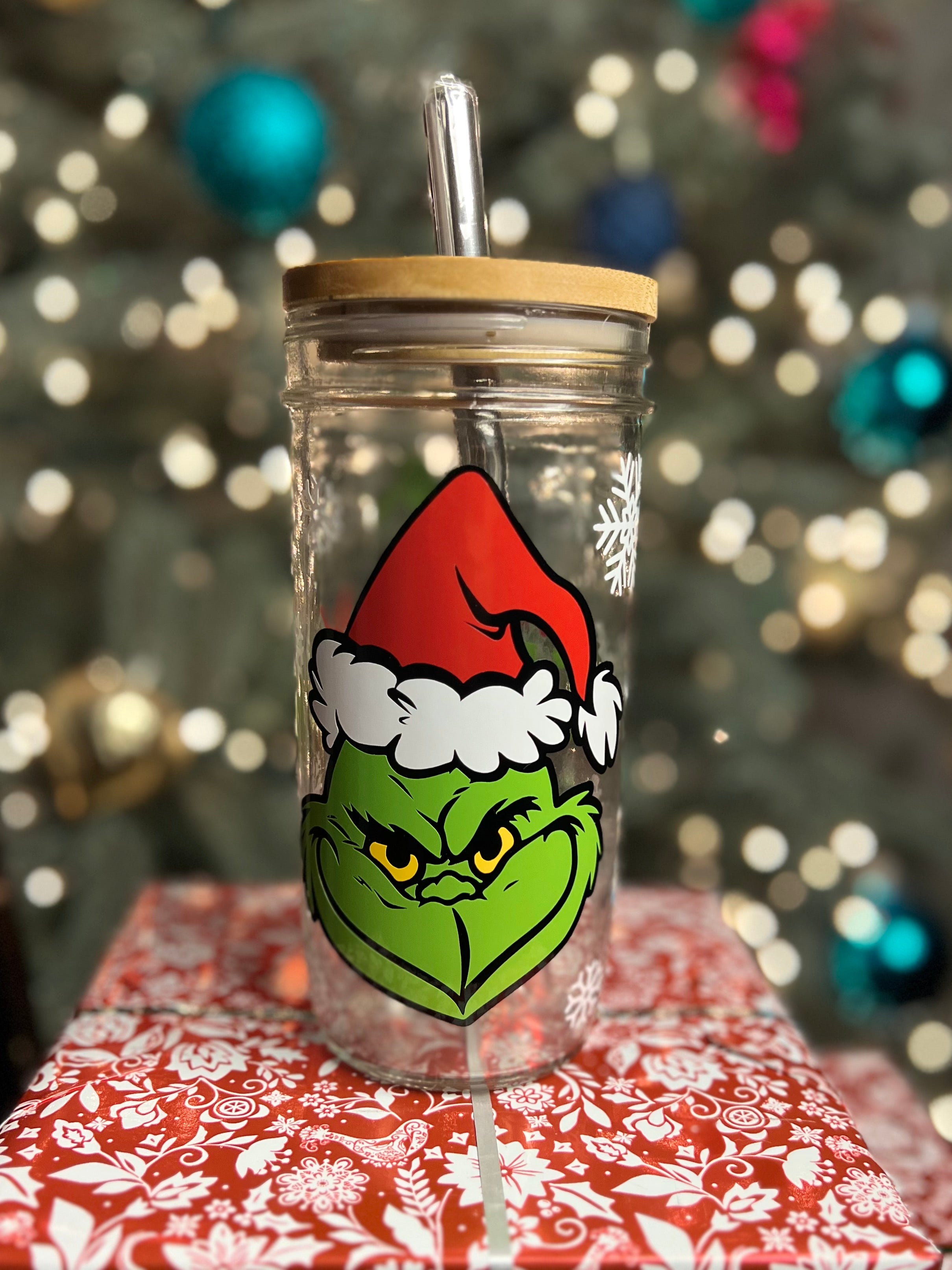 GRINCH Tumbler 16 Oz Glass Cup Grumpy Green Man Grinch Holiday Glass Cup  Christmas Grinch Glass Cup Bichota 