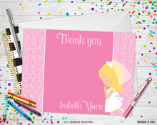 Load image into Gallery viewer, 285 | Pink Damask First Communion Party Invitation &amp; Thank You Card