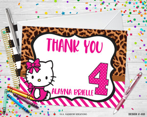 468 | Leopard Print Hello Kitty Party Invitation & Thank You Card