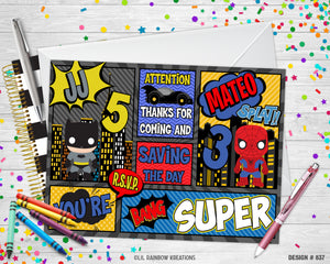 837 | Batman & Spideman Party Invitation & Thank You Card