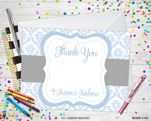 851-2 | Blue Damask First Communion Party Invitation & Thank You Card